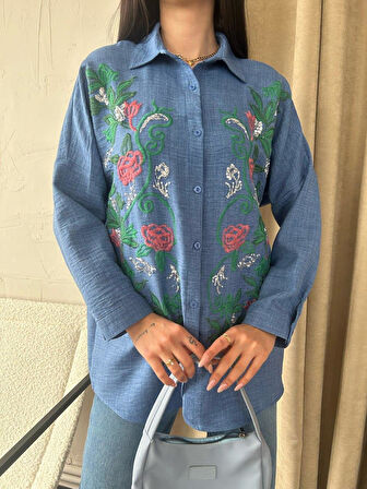 nakışlı sarmaşık desenli keten Kadın gömlek