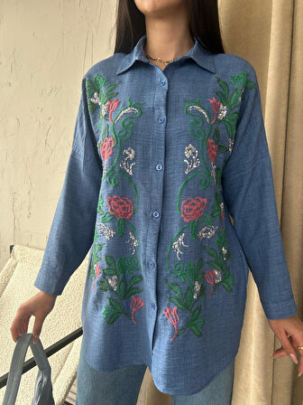 nakışlı sarmaşık desenli keten Kadın gömlek