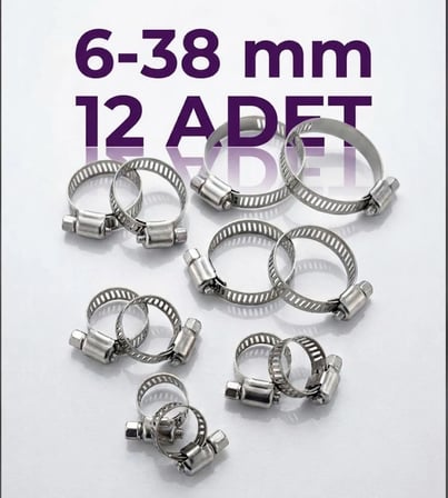6-38 mm ölçülerinde 12 adet paslanmaz çelik hortum kelepçesi