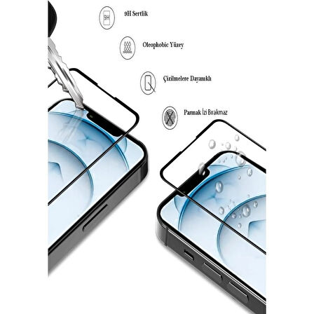 iPhone 15 PLUS Anti Static Toz Tutmayan Çerçeveli Temperli Ekran Koruyucu Cam