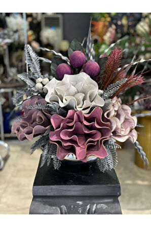 Yapay Çiçek Aranjmanlı Gümüş Yassı Vazo No:18