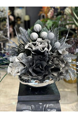 Yapay Çiçek Aranjmanlı Gümüş Yassı Vazo No:21