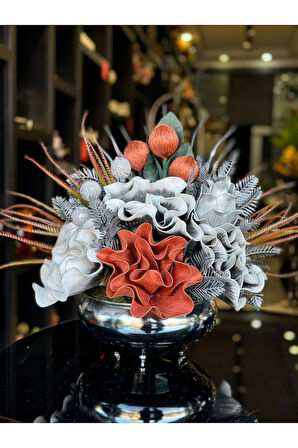 Yapay Çiçek Aranjmanlı Gümüş Yassı Vazo No:28