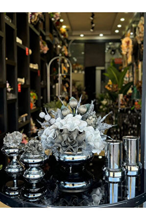 Yapay Çiçekli Gümüş Yassı Vazo 5 Parça Set No:1