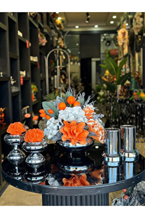 Yapay Çiçekli Gümüş Yassı Vazo 5 Parça Set No:4