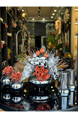 Yapay Çiçekli Gümüş Yassı Vazo 5 Parça Set No:5