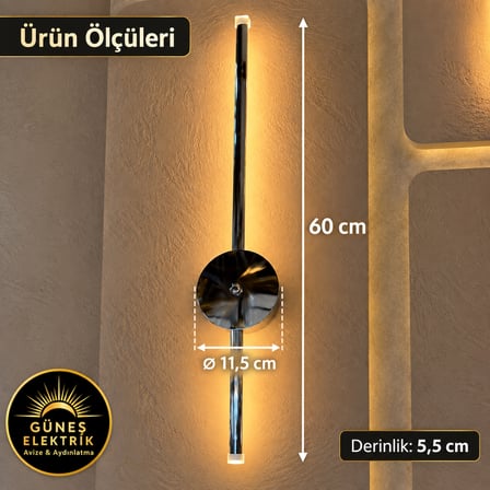 Güneş Elektrik Krom LED Duvar Apliği, 2’li Set, 60 cm, 3 Işık Rengi: Sarı, Günışığı ve Beyaz, Salon, Yatak Odası ve Koridor İçin