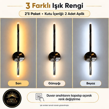 Güneş Elektrik Krom LED Duvar Apliği, 2’li Set, 60 cm, 3 Işık Rengi: Sarı, Günışığı ve Beyaz, Salon, Yatak Odası ve Koridor İçin