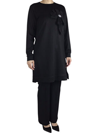 KADIN ÇİÇEK DETAYLI ALTI BANTLI KRİSTAL PENYE TUNİK-GÜLLÜ