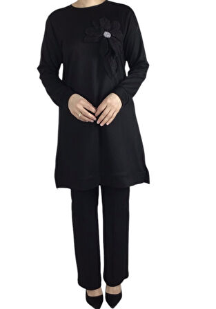 KADIN ÇİÇEK DETAYLI ALTI BANTLI KRİSTAL PENYE TUNİK-GÜLLÜ