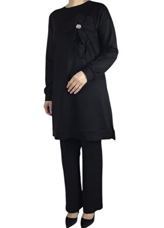 KADIN ÇİÇEK DETAYLI ALTI BANTLI KRİSTAL PENYE TUNİK-GÜLLÜ