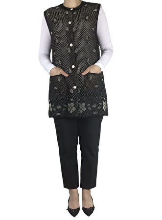 KADIN SİNLİ ÖNÜ DÜĞMELİ CEPLİ İNCE DELİKLİ YELEK