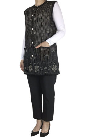 KADIN SİNLİ ÖNÜ DÜĞMELİ CEPLİ İNCE DELİKLİ YELEK