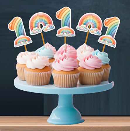 Gökkuşağı Temalı 3 Lü Set One 1 Yaş Doğum Günü Süsü Banner + Pasta Süsü + Cupcake Kürdani