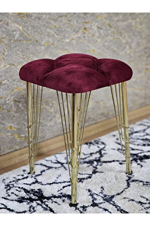 Kare Gold Kaplama Telli Ayaklı Tabure - Oturak - Bar Taburesi - Ayaklı Tabure Bordo Renk 48 x 33 Boyut/Ebat
