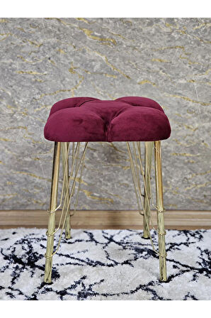 Kare Gold Kaplama Telli Ayaklı Tabure - Oturak - Bar Taburesi - Ayaklı Tabure Bordo Renk 48 x 33 Boyut/Ebat