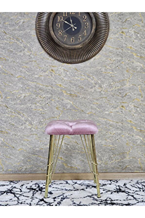 Kare Gold Kaplama Telli Ayaklı Tabure - Oturak - Bar Taburesi - Ayaklı Tabure Pembe Renk 48 x 33 Boyut/Ebat