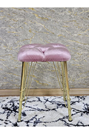 Kare Gold Kaplama Telli Ayaklı Tabure - Oturak - Bar Taburesi - Ayaklı Tabure Pembe Renk 48 x 33 Boyut/Ebat