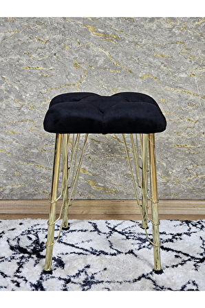 Kare Gold Kaplama Telli Ayaklı Tabure - Oturak - Bar Taburesi - Ayaklı Tabure Siyah Renk 48 x 33 Boyut/Ebat