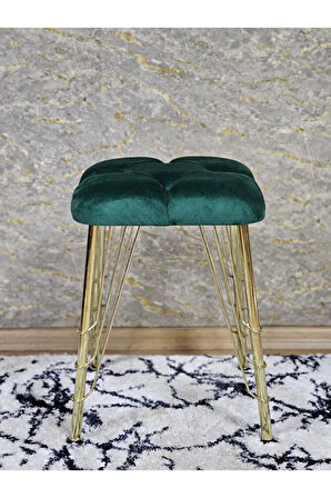 Kare Gold Kaplama Telli Ayaklı Tabure - Oturak - Bar Taburesi - Ayaklı Tabure Yeşil Renk 48 x 33 Boyut/Ebat