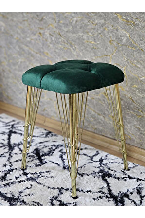 Kare Gold Kaplama Telli Ayaklı Tabure - Oturak - Bar Taburesi - Ayaklı Tabure Yeşil Renk 48 x 33 Boyut/Ebat