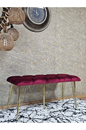 Metal Gold Tel Ayaklı 100 cm Puf Bench - Puf - Bench - Oturak - Mutfak Oturağı - Antre Oturağı Bordo Renk 100 x 40 Boyut/Ebat