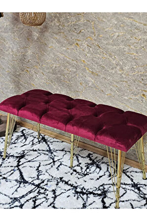 Metal Gold Tel Ayaklı 100 cm Puf Bench - Puf - Bench - Oturak - Mutfak Oturağı - Antre Oturağı Bordo Renk 100 x 40 Boyut/Ebat