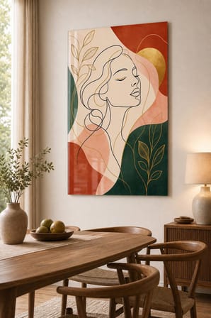 Kadın Portre Desenli Baskılı Cam Tablo – Modern Line Art UV Baskı Duvar Tablosu