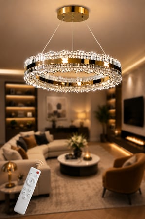 Charlotte Gold Kaplamalı Çift Yönlü Aydınlatmalı Kumandalı Dimmerli 3 Renk Ledli Avize - Çap 40 cm
