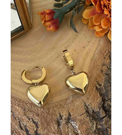 Çelik Gold Bombe Kalp Küpe