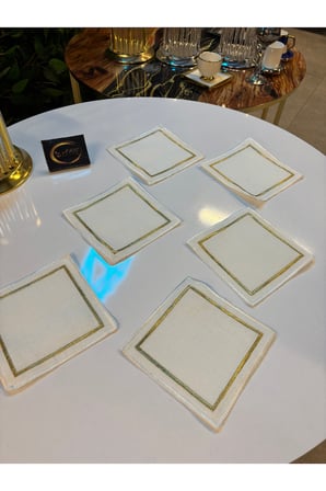 Kokteyl Peçetesi, Gold Çerçeveli Desenli Kare Kahve Tepsisi Peçeteliği,6'lı Sunumluk Peçete