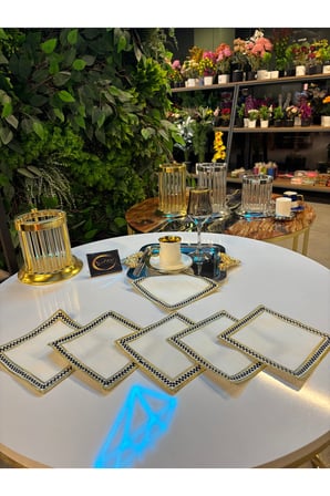 Kokteyl Peçetesi,Gold Siyah Ekose Desenli Nakışlı Kare Kahve Tepsisi Peçeteliği,6'lı Sunumluk Peçete