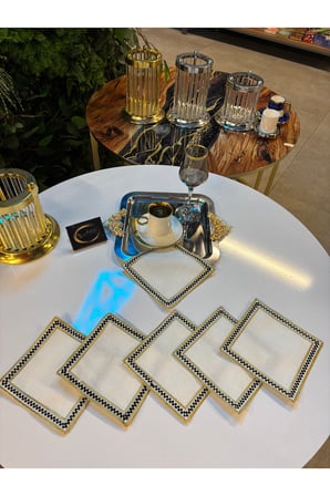 Kokteyl Peçetesi,Gold Siyah Ekose Desenli Nakışlı Kare Kahve Tepsisi Peçeteliği,6'lı Sunumluk Peçete