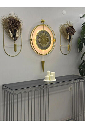 Bronz Aynalı - Lavinya Premium Gold - Büyük Boy (50X85CM) , Modern Metal (MOBİLYA) Duvar Saati
