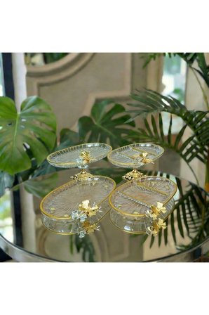Yeni Seri 4 Parça Paşabahçe Gold Yaldızlı Metal Ayaklı Sunum Seti Kurabiyelik Hediyelik