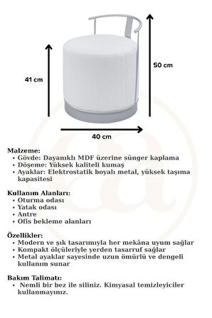 Pufi Puf Gold Metal Çerçeveli  Keten Çok Amaçlı Dekoratif Oturak, Makyaj Oturağı,Montajsız Puf Bench