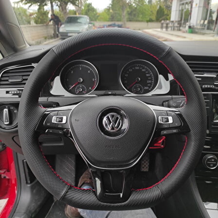 Volkswagen Golf 7 (Manuel) Araca Özel Direksiyon Kılıfı (Karbon Noktalı Kırmızı Dikişli)