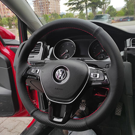 Volkswagen Golf 7 (Manuel) Araca Özel Direksiyon Kılıfı (Karbon Noktalı Kırmızı Dikişli)