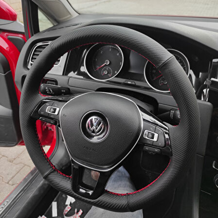 Volkswagen Golf 7 (Manuel) Araca Özel Direksiyon Kılıfı (Karbon Noktalı Kırmızı Dikişli)