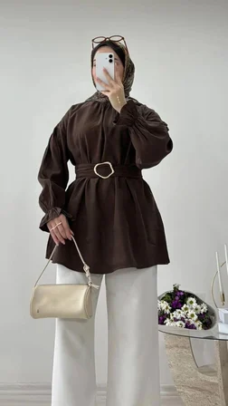 Tenfısı Woman Wear Kemerli Rahat Kalıp Kahverengi Tesettür Tunik Gömlek