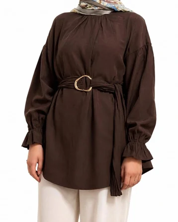 Tenfısı Woman Wear Kemerli Rahat Kalıp Kahverengi Tesettür Tunik Gömlek