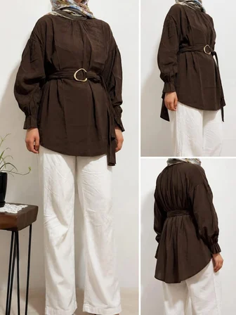 Tenfısı Woman Wear Kemerli Rahat Kalıp Kahverengi Tesettür Tunik Gömlek