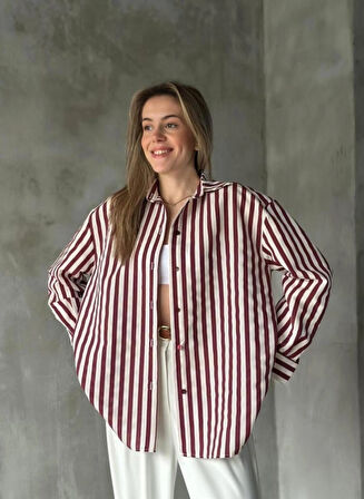  Bordo Çizgili Modern ve Şık Kadın Gömlek