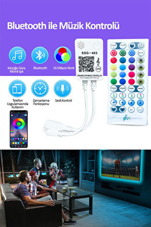 Mega Oto Market Bluetoothlu 3 Çipli RGB Şerit LED - 10 Metre Kumandalı TV Arkası Dekoratif Işık