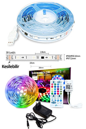 Mega Oto Market Bluetoothlu 3 Çipli RGB Şerit LED - 10 Metre Kumandalı TV Arkası Dekoratif Işık