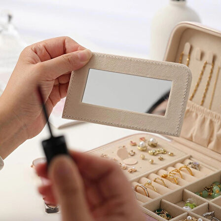 Kadife Tasarım Fermuarlı Takı Kutusu Seyehat Mücevher Kutusu Aynalı Takı Organizer Kutusu 