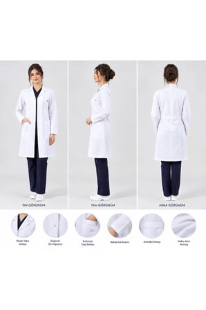 Beyaz Önlük Unisex Orta Boy Klasik Yaka Uzun Kol Doktor Öğretmen Hemşire Öğrenci Stajyer Eczacı Laboratuar Önlüğü