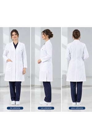 Beyaz Önlük Unisex Orta Boy Klasik Yaka Uzun Kol Doktor Öğretmen Hemşire Öğrenci Stajyer Eczacı Laboratuar Önlüğü