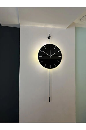 Gravity Lighting Siyah , Pilli Led , ( Quartz Mekanizma ) Modern Dekoratif Camlı Metal Duvar Saati