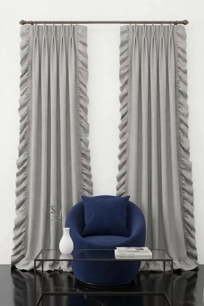 Rüzgar Gülü Desenli Gri Keten Fon Perde – 2 Panel Amerikan 1x2 Pile (Double Pinch Pleat)